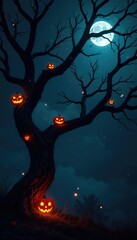 Twisted tree branches hold glowing jack o lanterns, darkness, shadows