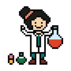 Obraz premium Cute pixel cartoon 8bit character woman doctor medicine care pill treat game care decoration pharmacist female doctor medicine hospital 8 bit lady pixel art game png vector.