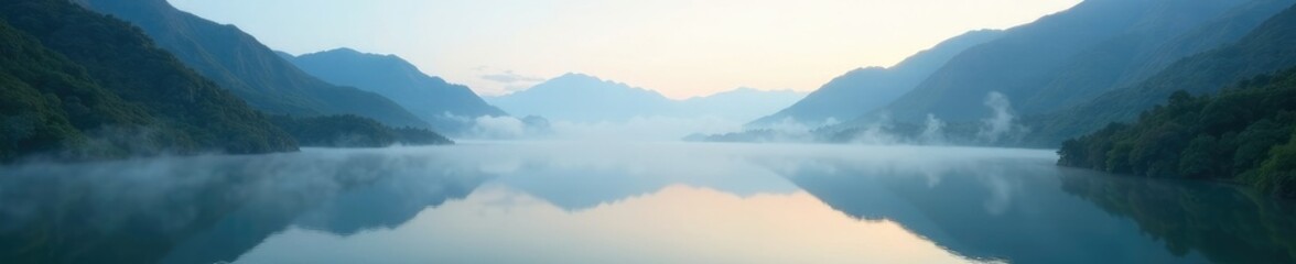 Fototapeta premium Misty morning at a serene lake in the mountains of Galapagos, serene, foggy
