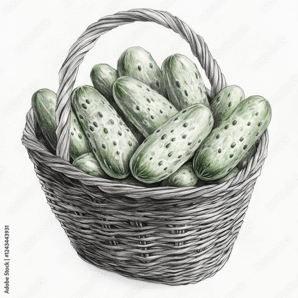 Poster fresh cucumbers piled in a woven basket showcasing the beauty of farm produce in a rustic setting