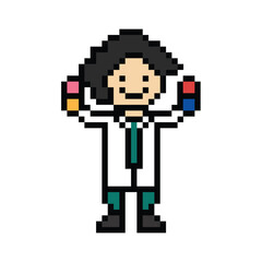 Obraz premium Cute pixel cartoon 8bit character man doctor medicine care pill treat game care decoration pharmacist male doctor medicine hospital 8 bit male pixel art game png vector.