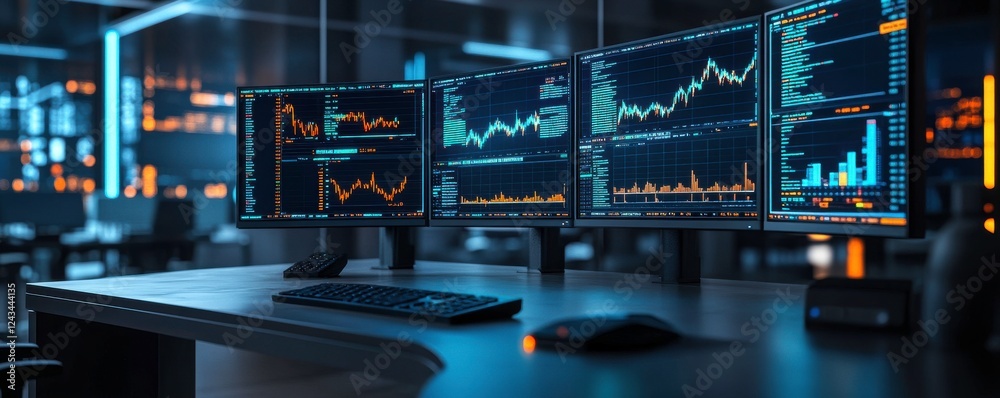 Poster a modern workspace featuring multiple monitors displaying financial data and analytics in a sleek, h