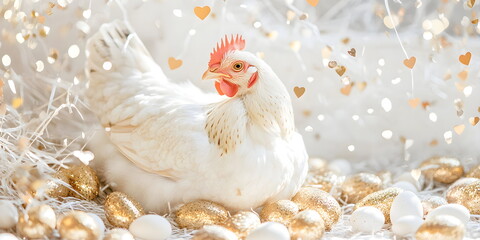 Obraz premium A cute chicken, hen, rooster, bird, sitting on the ground, against a wall with silver and golden heart shaped decor, with minimalist decoration in warm golden elements and pastel colors.