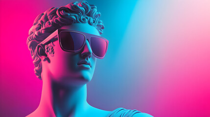 bust of an ancient Greek statue wearing futuristic sunglasses, set against a neon pink and blue vaporwave background 