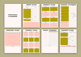 Trendy planner templates. Pages for daily, weekly, and monthly organization. Vector diary.