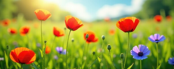 Fototapeta premium Poppies and cornflowers in a lush green summer meadow, sunny fields, summer blooms, garden flowers