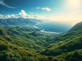 Obraz premium An enchanting coastal landscape with green valleys and sparkling ocean under a vibrant sky. Generative AI