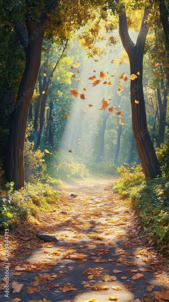 Poster forest trail illuminated by sunlight with autumn leaves gently falling in a serene atmosphere