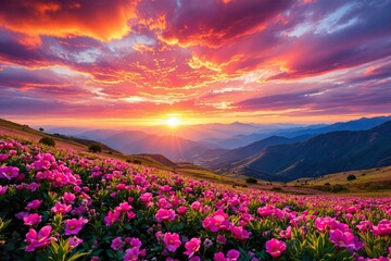Obraz premium Breathtaking sunset over rolling mountains with vibrant pink flowers in the foreground, under a colorful sky. Nature beauty background. Ai generative