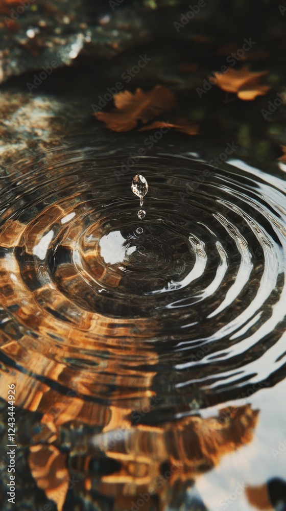 Poster close-up of a single water droplet creating ripples in a pond surrounded by autumn leaves