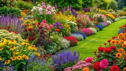 vibrant and colorful flower border in a large garden featuring a mix of annuals and perennials, floral arrangements, outdoor spaces, gardens, plants, color schemes