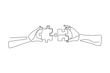 Continuous single line hand holding jigsaw puzzle business teamwork problem solving sketch drawing one line vector illustration