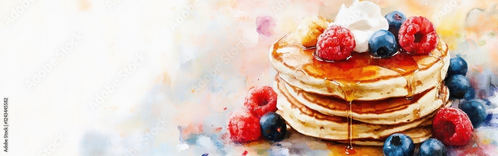 Poster Delicious close-up of fluffy pancakes with berries and syrup on a colorful watercolor background