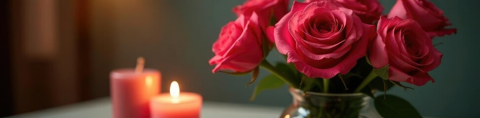 Obraz premium Softly glowing candle beside a vase of long-stemmed roses, rose bouquet, elegant atmosphere, flowers