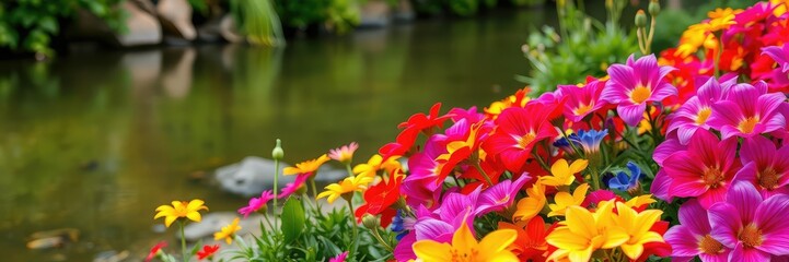 Vibrant colorful flowers blooming on the riverbank, natural beauty, vibrant colors, flowers