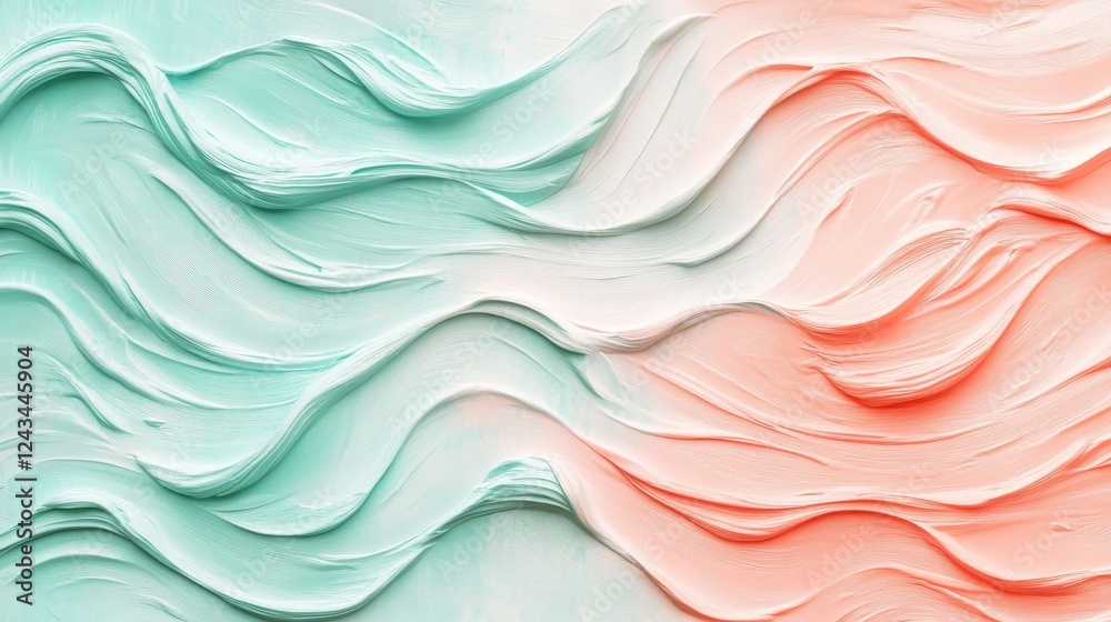 Poster Soft pencil strokes create flowing waves in pastel mint and peach on textured canvas