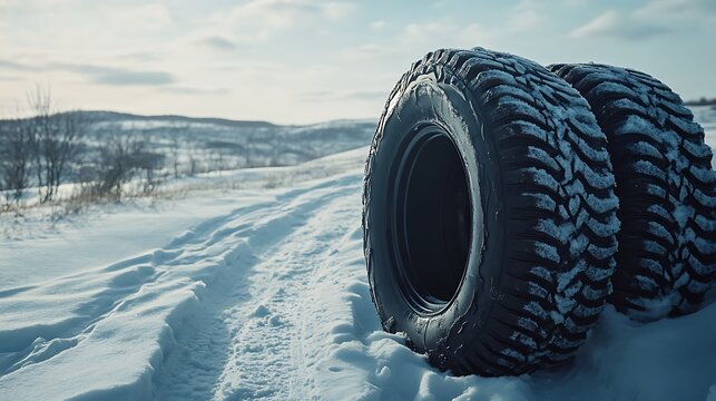 Two large snow-covered tires on a winter landscape trail