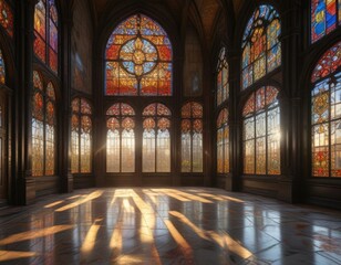 Fototapeta premium Stained glass palace with sunlight filtering through the windows onto the floor and walls , filtered light, interior lighting