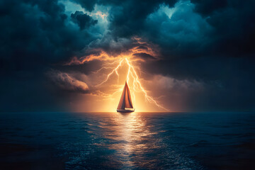 Sailboat Braving Stormy Seas, Lightning Strikes