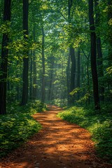 Obraz premium Sunlit Forest Path Winding Through Lush Green Trees