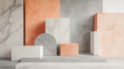 Soft pastel peach and gray blocks creating a harmonious blend in a minimalist interior display