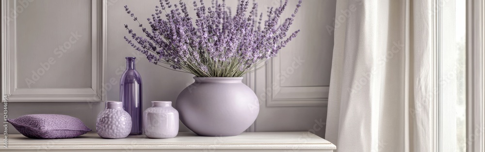 Poster soft lavender composition featuring a vase of flowers and decorative items in a serene indoor settin