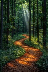 Obraz premium Sunlit Path Winding Through a Lush Green Forest