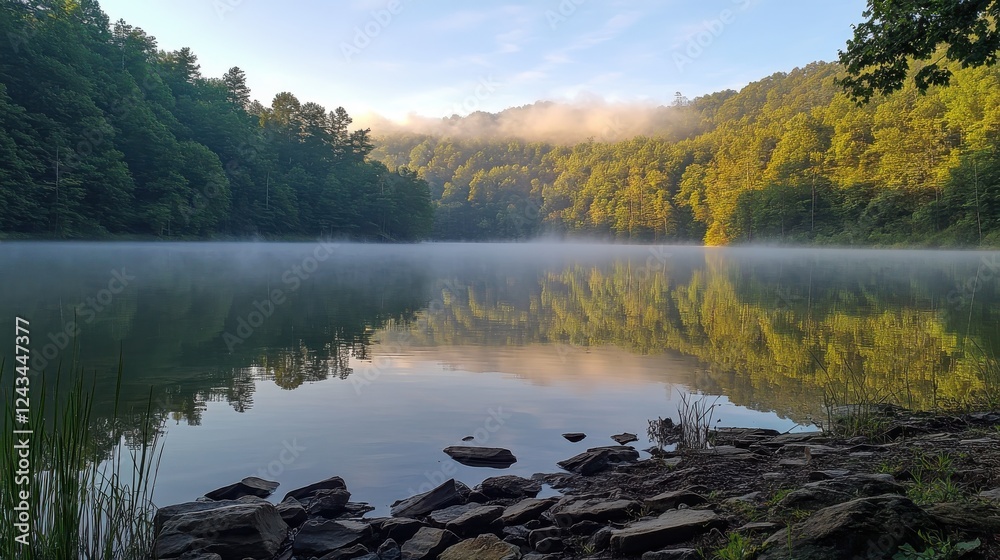 Poster Serene forest lake at dawn with mist rising above the calm water and reflection of trees on a tranquil morning