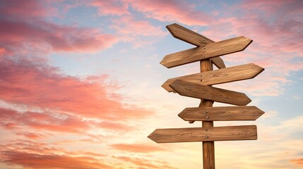 Wooden signpost pointing in many directions against a vibrant sunset sky, symbolizing choices, decisions, and the search for the right path in life, career, or travel
