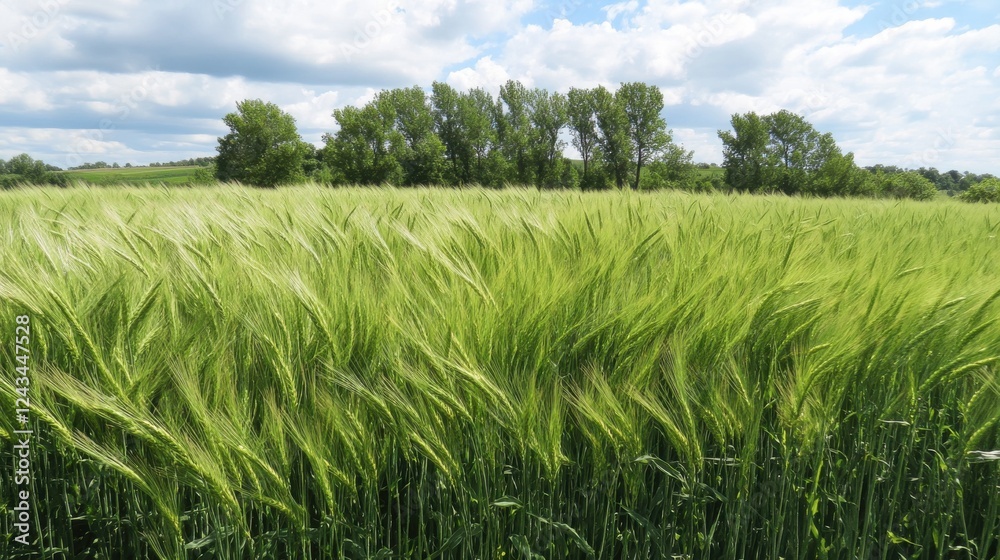 Aufkleber Field of waving wheat under a bright sky with fluffy clouds and green trees in the background