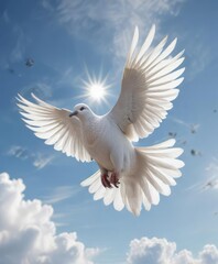 Fototapeta premium Stunning white dove mid-flight against a clear sky, majestic creature, heavenly dove, symbol of hope