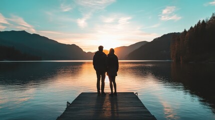 Fototapeta premium Couple enjoys sunset view from pier overlooking serene lake surrounded by mountains