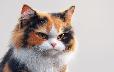 Fototapeta premium Portrait of a fluffy calico cat with striking green eyes and vivid fur pattern, relaxed expression against a neutral background
