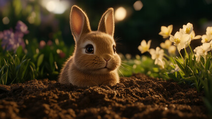 Fototapeta premium bunny sitting on the ground surrounded by blooming flowers and grass