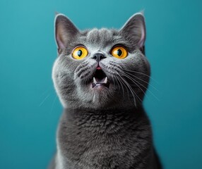 Portrait of a Curious British Shorthair Cat with Vibrant Orange Eyes Set Against a Bold Turquoise Background Capturing a Moment of Surprise and Wonder