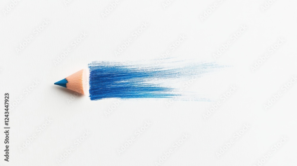 Poster minimalist artwork featuring a blue pencil and vibrant strokes on a white canvas emphasizing creativ