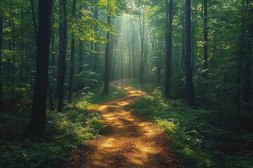 Fototapeta premium Sunlit Path Winding Through A Lush Green Forest