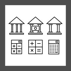 Three simplified bank building icons with columns and roofs, accompanied by two calculator-style grids featuring mathematical symbols
