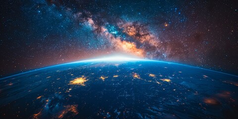 Obraz premium Earth from space with a stunning view of the Milky Way galaxy, glowing city lights, and a cosmic sunrise
