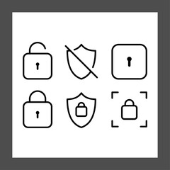 Six simple line icons representing security concepts
