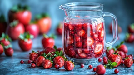 Fresh strawberry juice pitcher on a countertop with berries