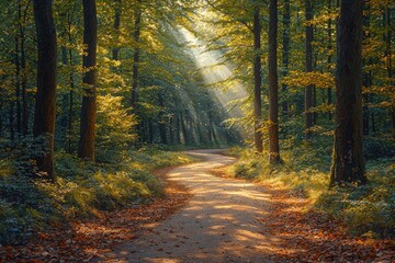 Fototapeta premium Sunlit Path Winding Through Autumnal Forest Trees