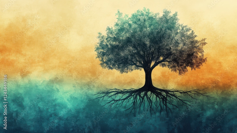 Poster elegant silhouette of a tree showcasing its deep roots against a vibrant gradient background at dusk