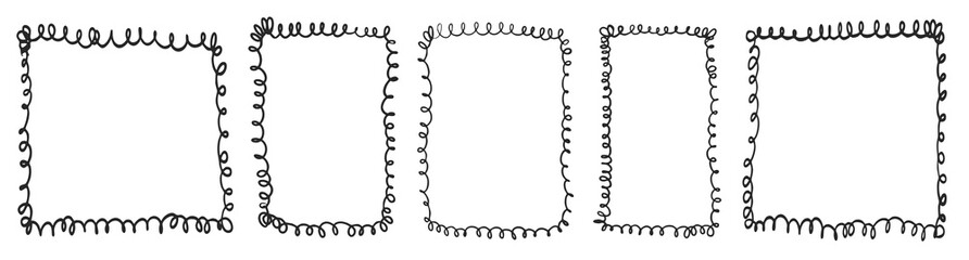 Hand drawn wavy frame doodle whimsical style. Rectangle box borders set. Spiral irregular shapes.