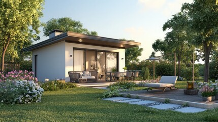 Backyard of a suburban home with a well-maintained garden and outdoor seating area