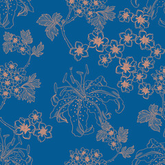 Toile De Jouy Vintage Elegant Graphics. Featuring delicate florals Lily, Sakura flower and romantic motifs © HoyaBouquet