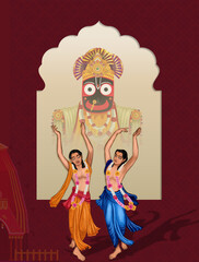 Fototapeta premium illustration of Chaitanya Mahaprabhu in devotion of Lord Jagannath with arch background, indian jayanti festival.