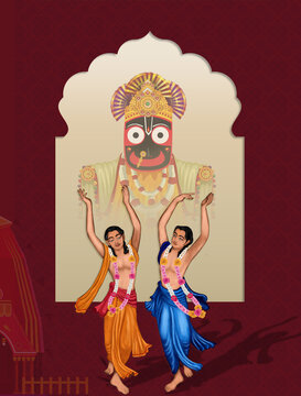illustration of Chaitanya Mahaprabhu in devotion of Lord Jagannath with arch background, indian jayanti festival.