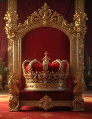 Obraz premium Warm sunlight pours into the room illuminating the lavish gold coronation crown positioned on top of plush red velvet in an ornate wooden frame, gold, warm, wooden