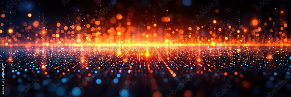 Poster pulsating dots representing blockchain technology and digital connectivity in a vibrant landscape